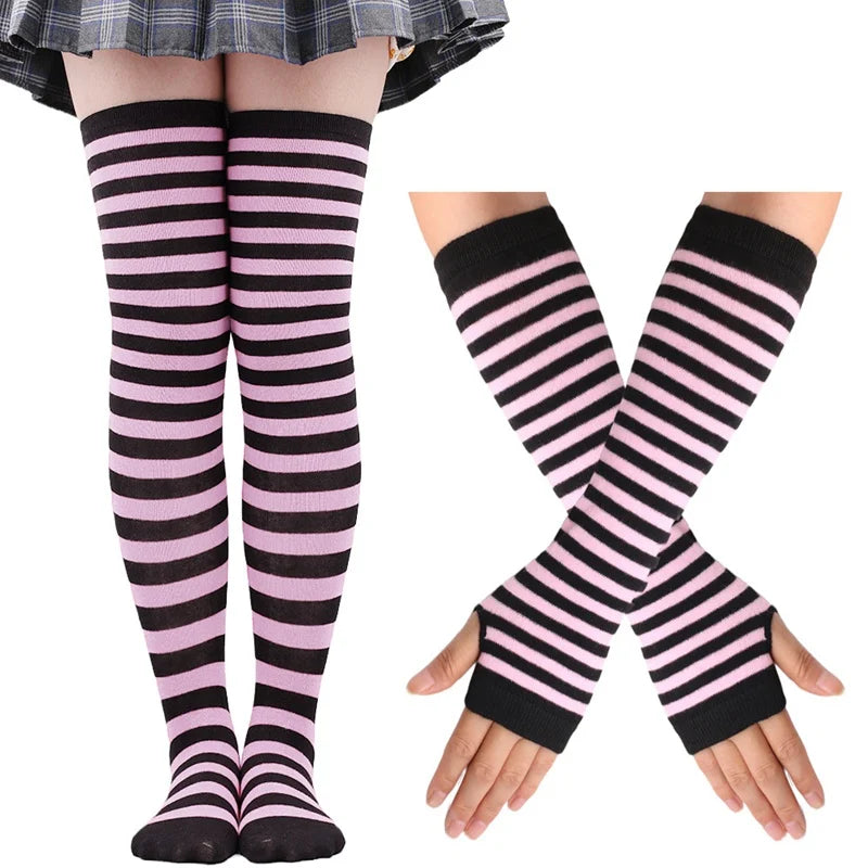 High socks and long mittens, plain or striped