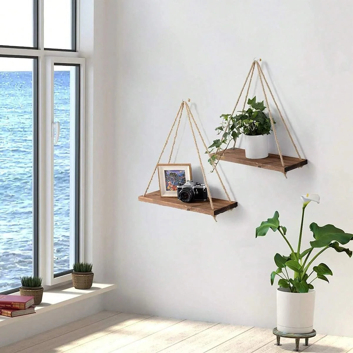 Wooden hanging wall shelf