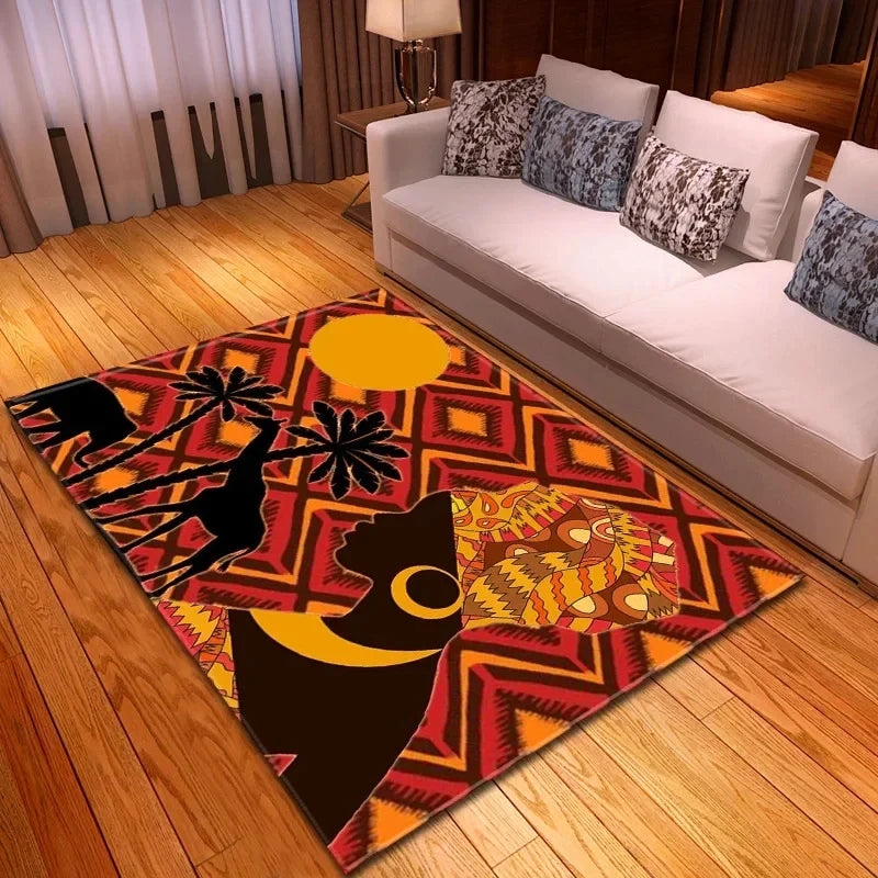 Ethnic bohemian rug with African woman pattern