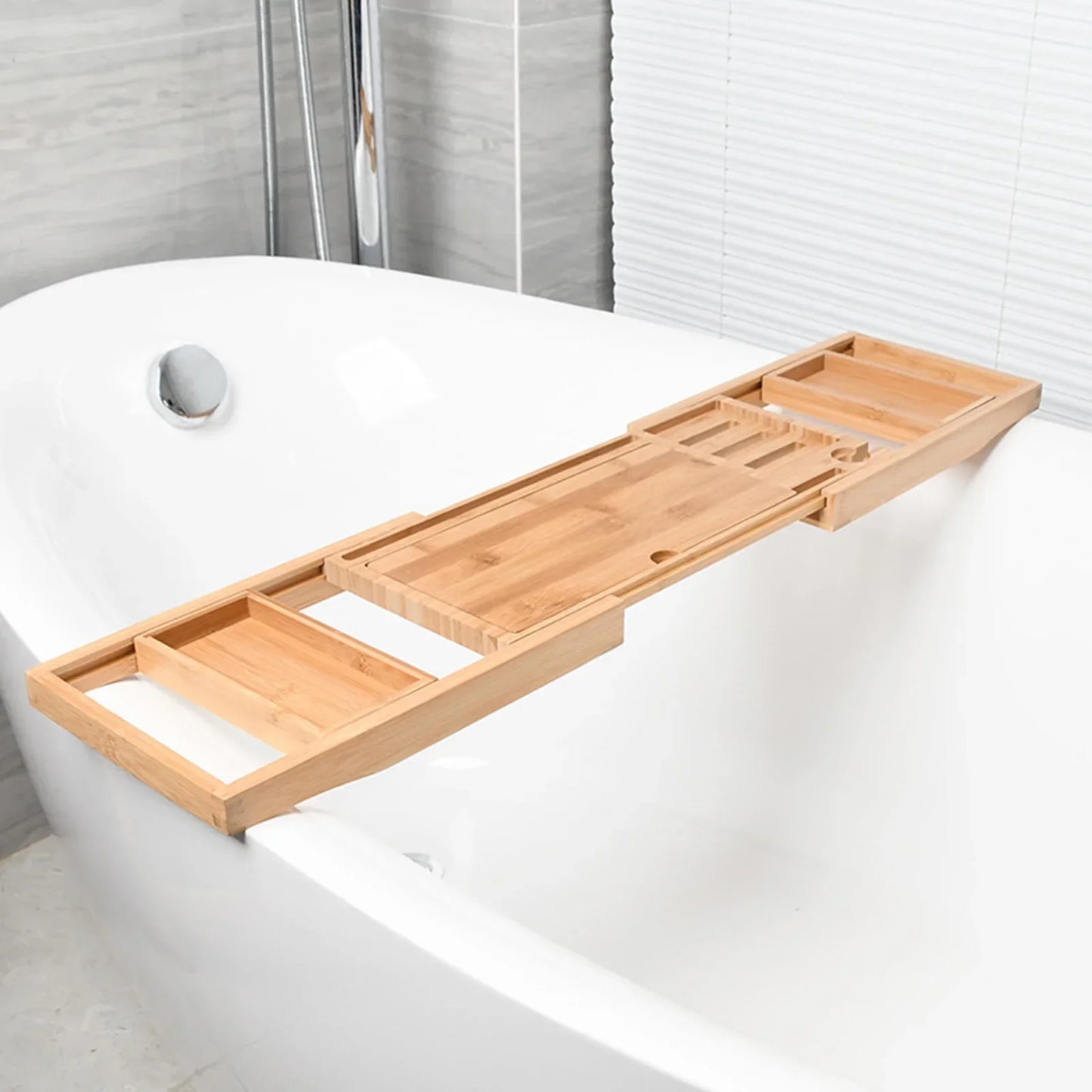 Extendable wooden bathtub tray