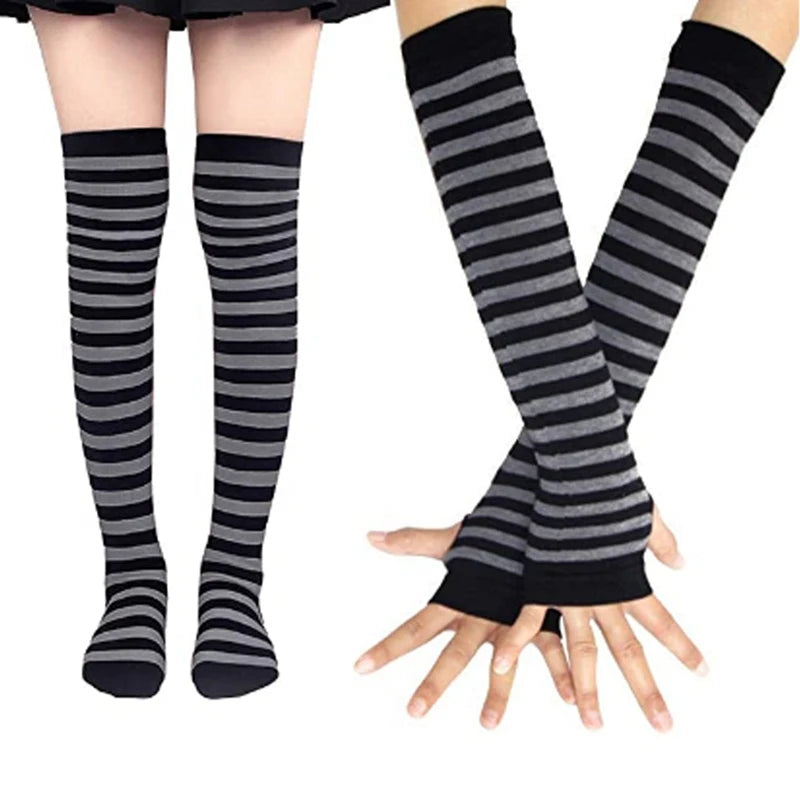 High socks and long mittens, plain or striped