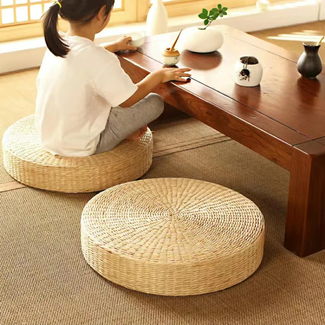 Round tatami cushion 40 cm in natural woven straw