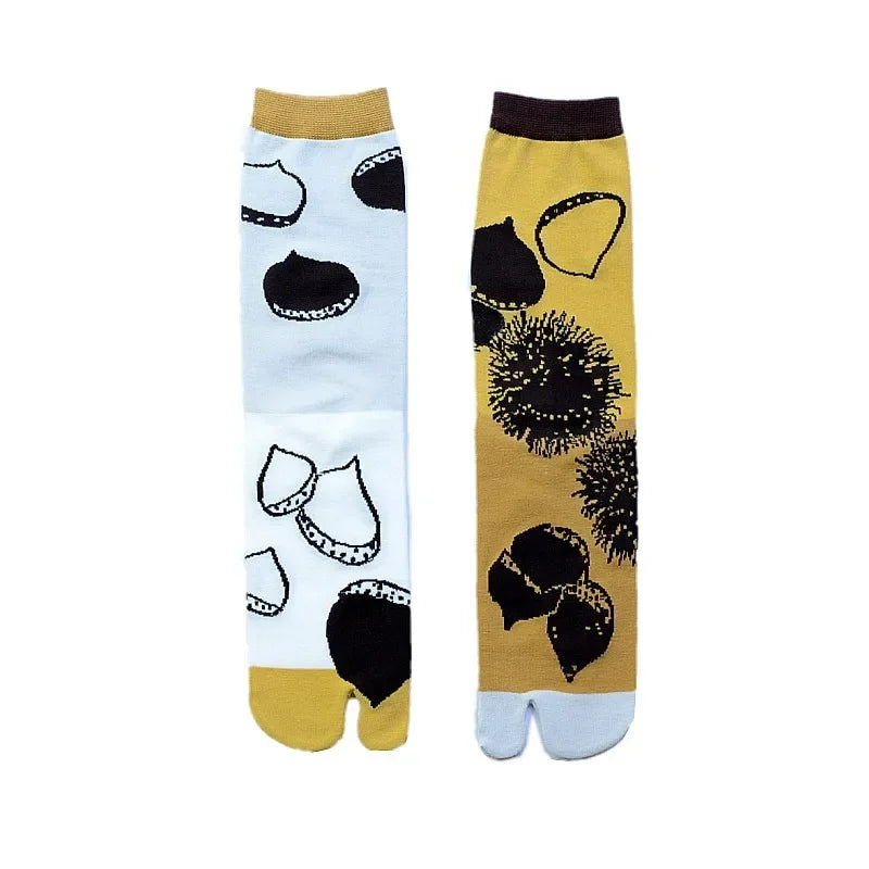 Japanese cotton mid-calf socks with two toes and cute patterns