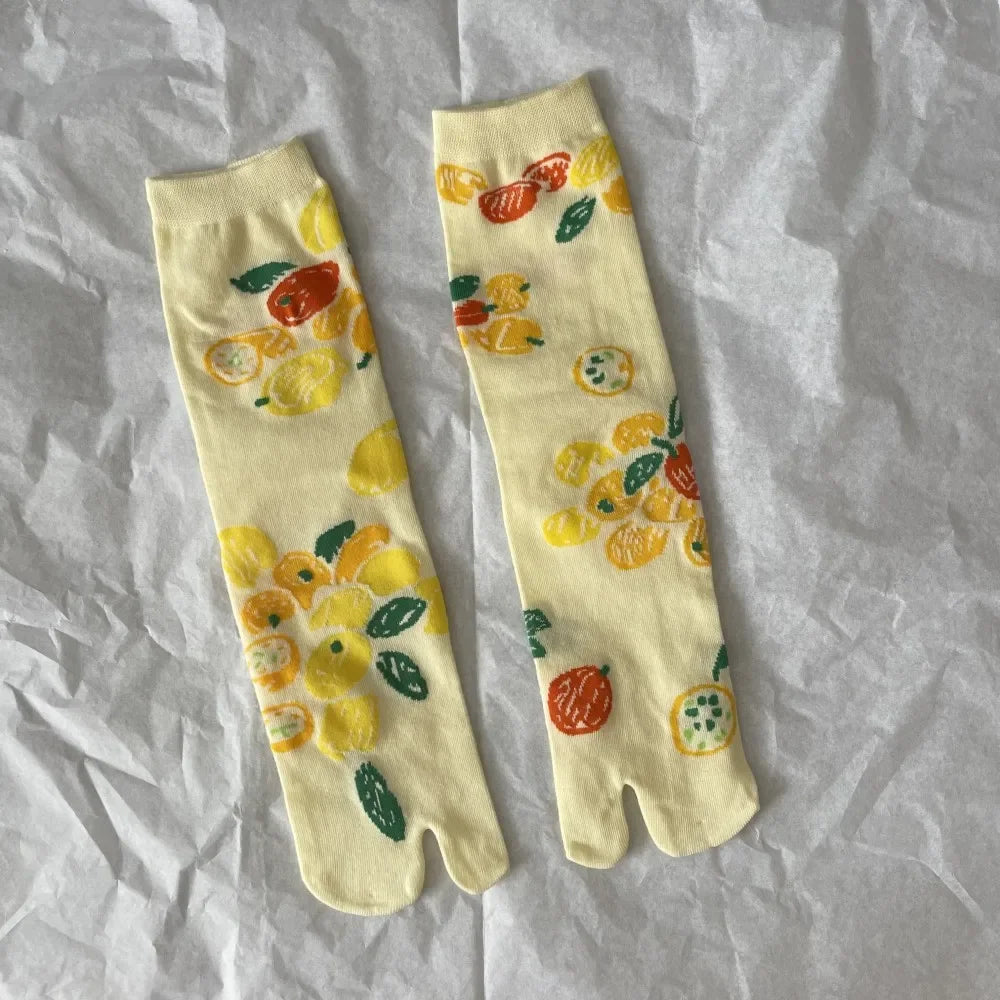 Japanese cotton mid-calf socks with two toes and cute patterns