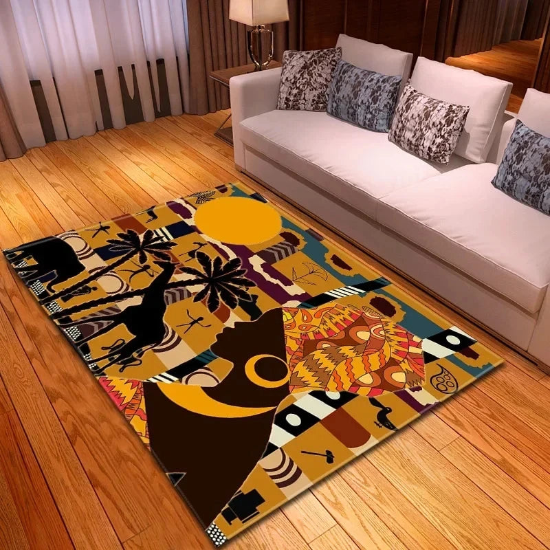 Ethnic bohemian rug with African woman pattern
