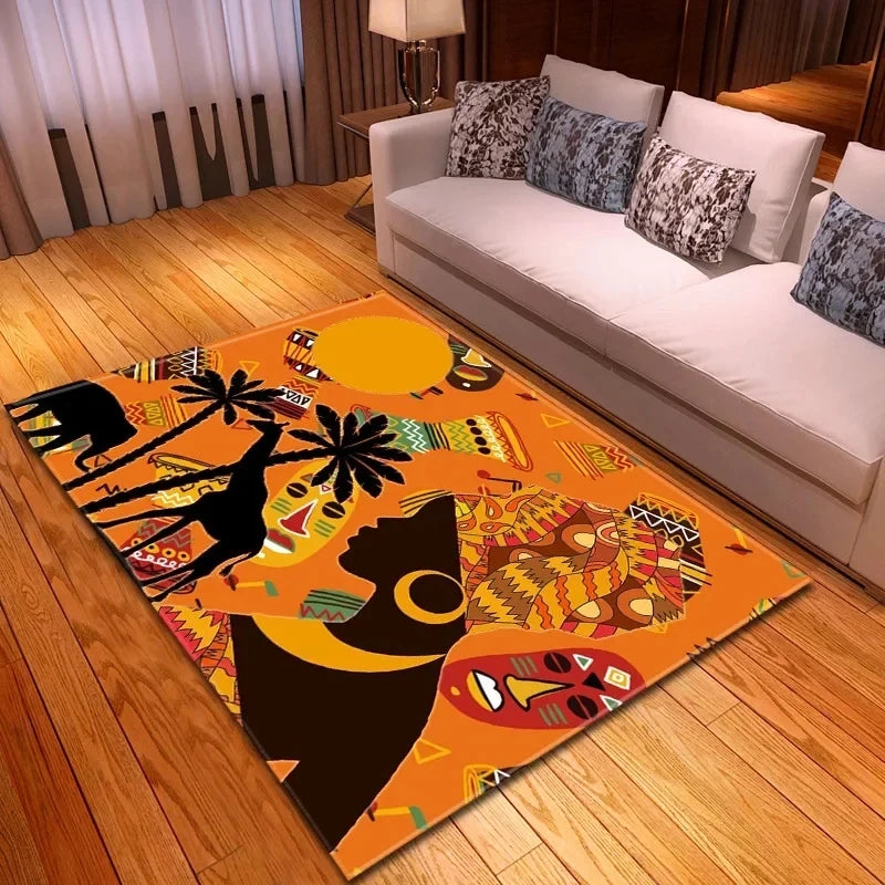 Ethnic bohemian rug with African woman pattern