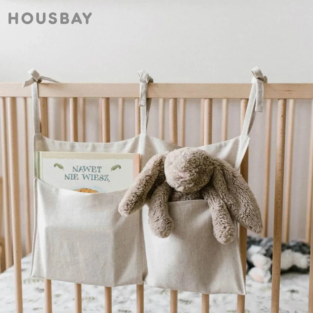 Sac de rangement suspendu en lin naturel pour lit bébé