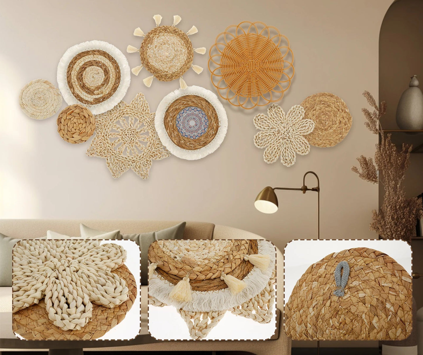 Décorations murales rondes bohèmes en fibres naturelles – lot de 7-9