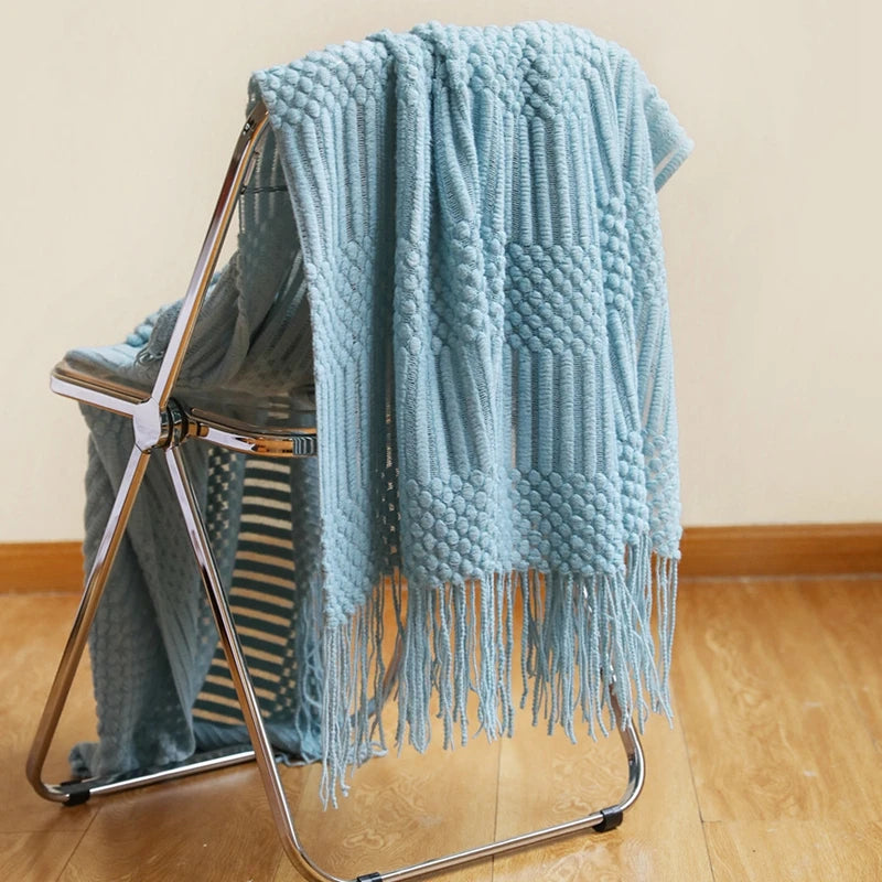 Nordic style knitted sofa throw with fringes