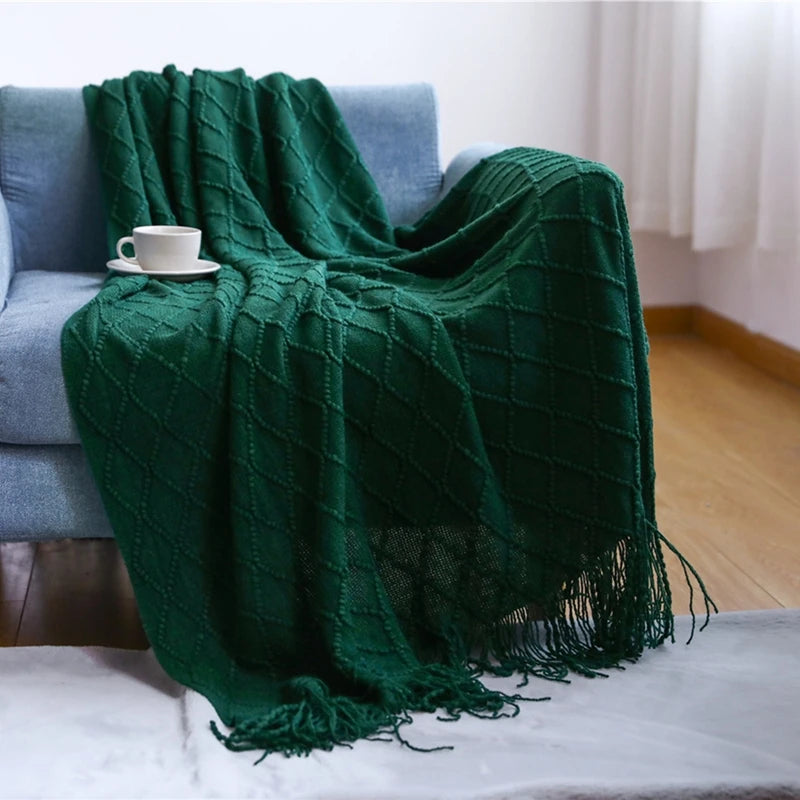 Nordic style knitted sofa throw with fringes
