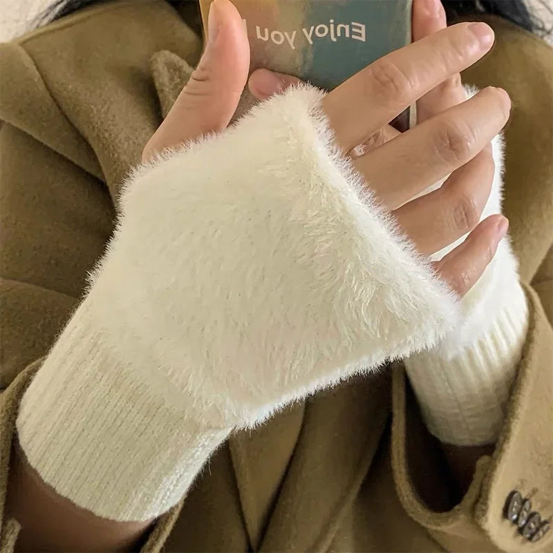 Mink fleece half-finger gloves