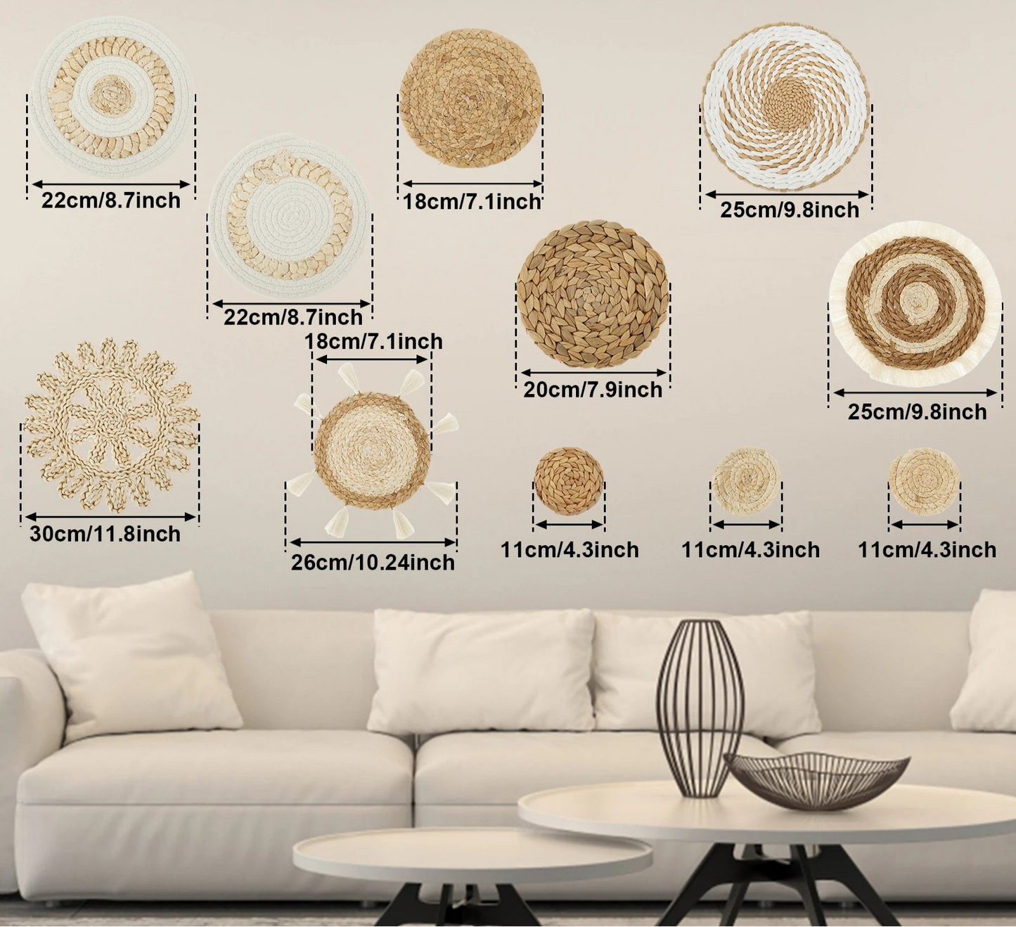 Décorations murales bohèmes tressées x11 en fibres naturelles