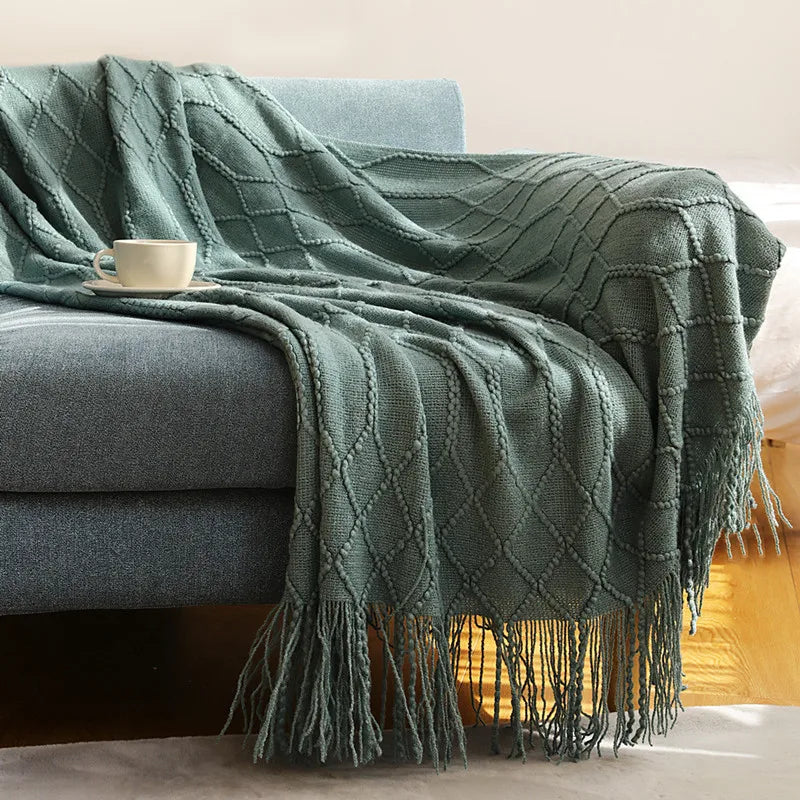 Nordic style knitted sofa throw with fringes