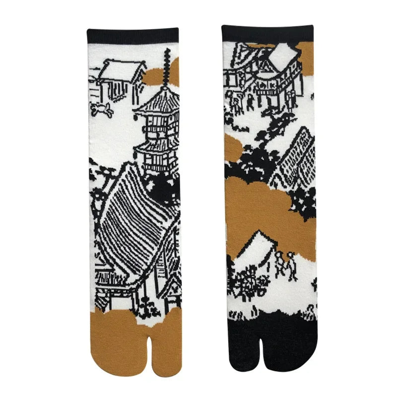 Japanese cotton mid-calf socks with two toes and cute patterns