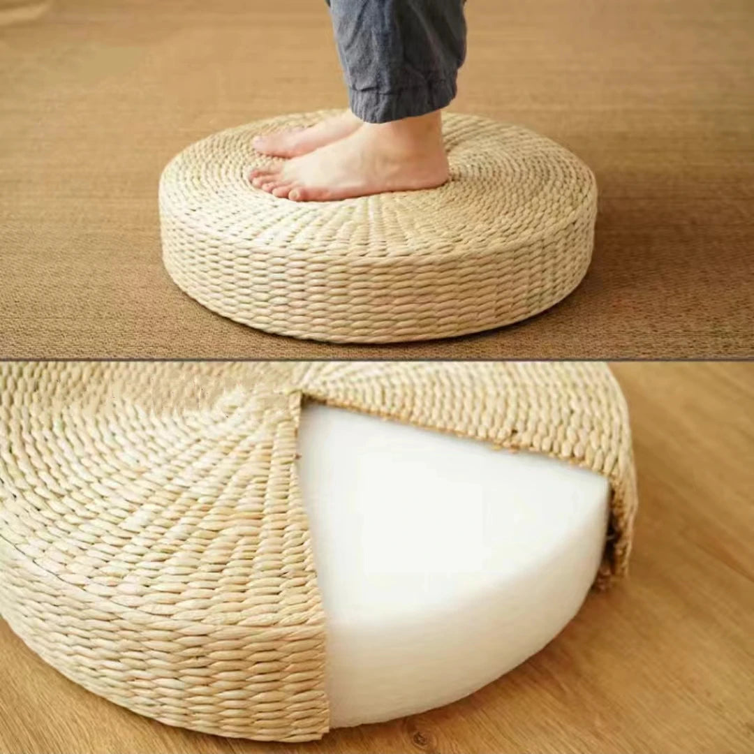 Round tatami cushion 40 cm in natural woven straw