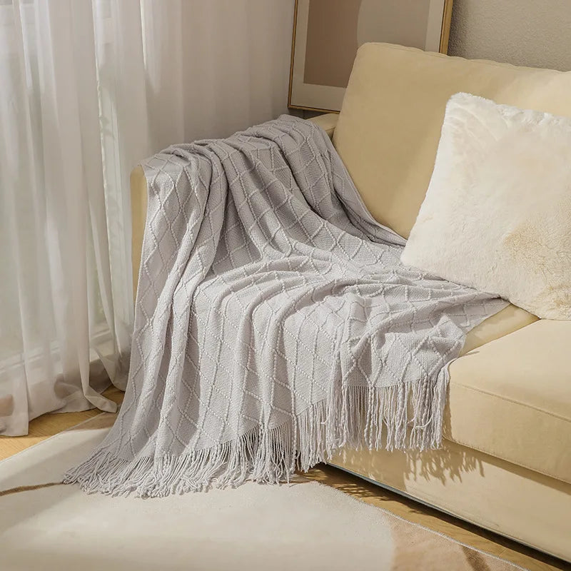 Nordic style knitted sofa throw with fringes