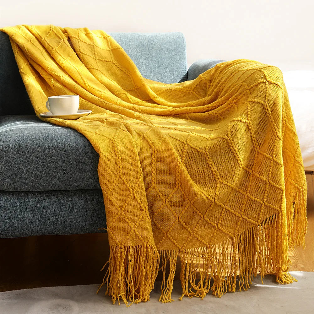 Nordic style knitted sofa throw with fringes
