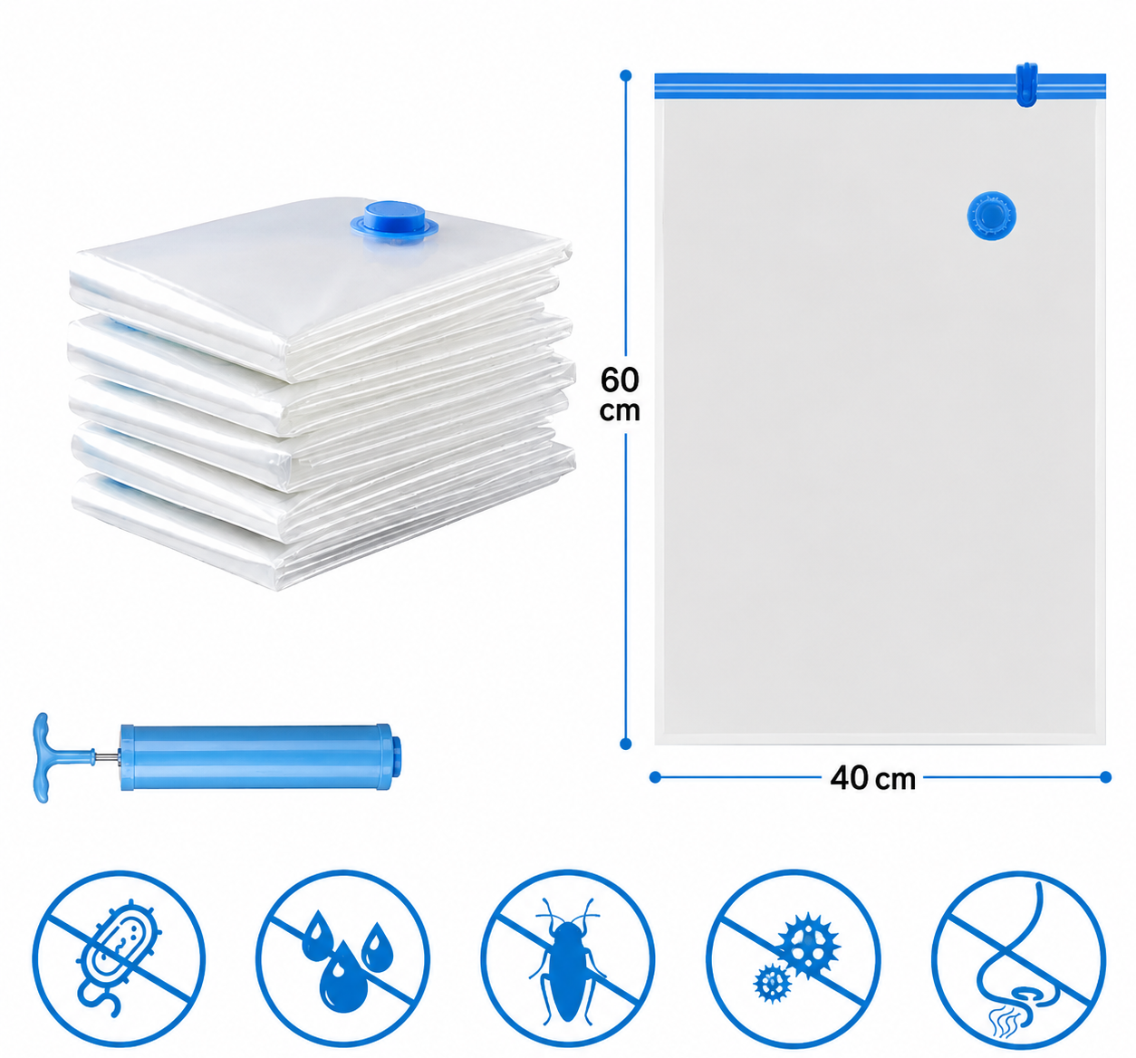 Sacs de compression sous vide – Lot 1 à 12 pièces avec ou sans pompe, 6 dimensions