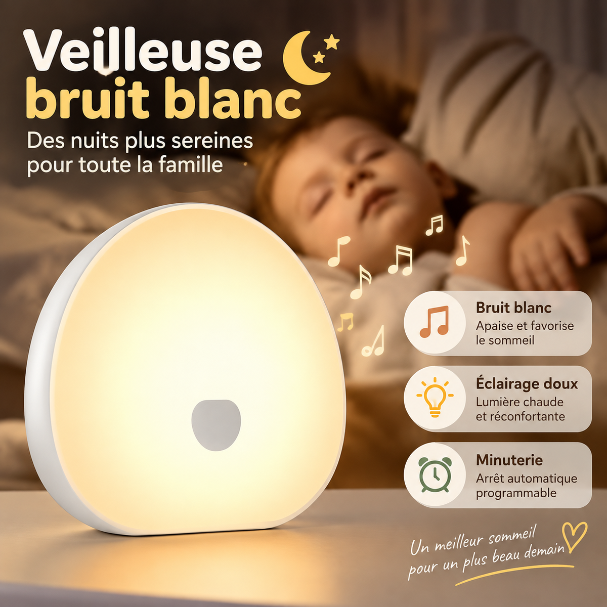 Veilleuse LED Tactile et Machine à Bruit Blanc 2-en-1, 10 Sons, Minuterie, Rechargeable USB-C
