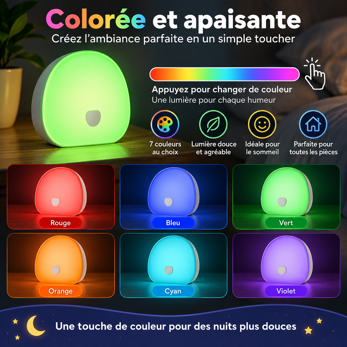 Veilleuse LED Tactile et Machine à Bruit Blanc 2-en-1, 10 Sons, Minuterie, Rechargeable USB-C