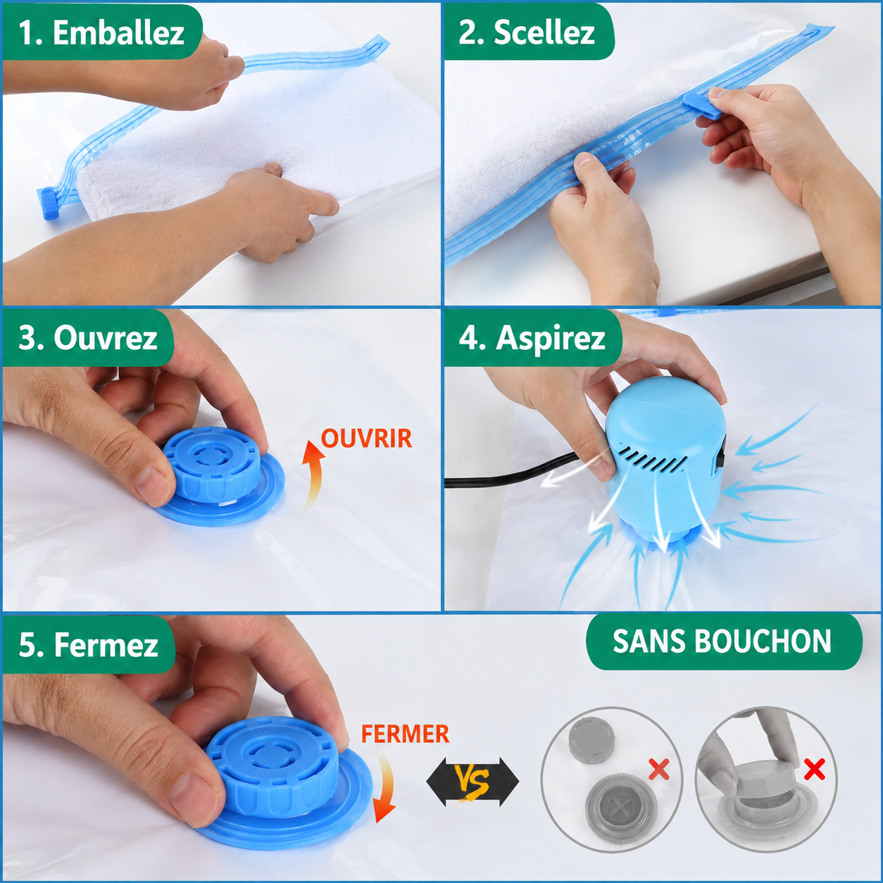 Sacs de compression sous vide – Lot 1 à 12 pièces avec ou sans pompe, 6 dimensions