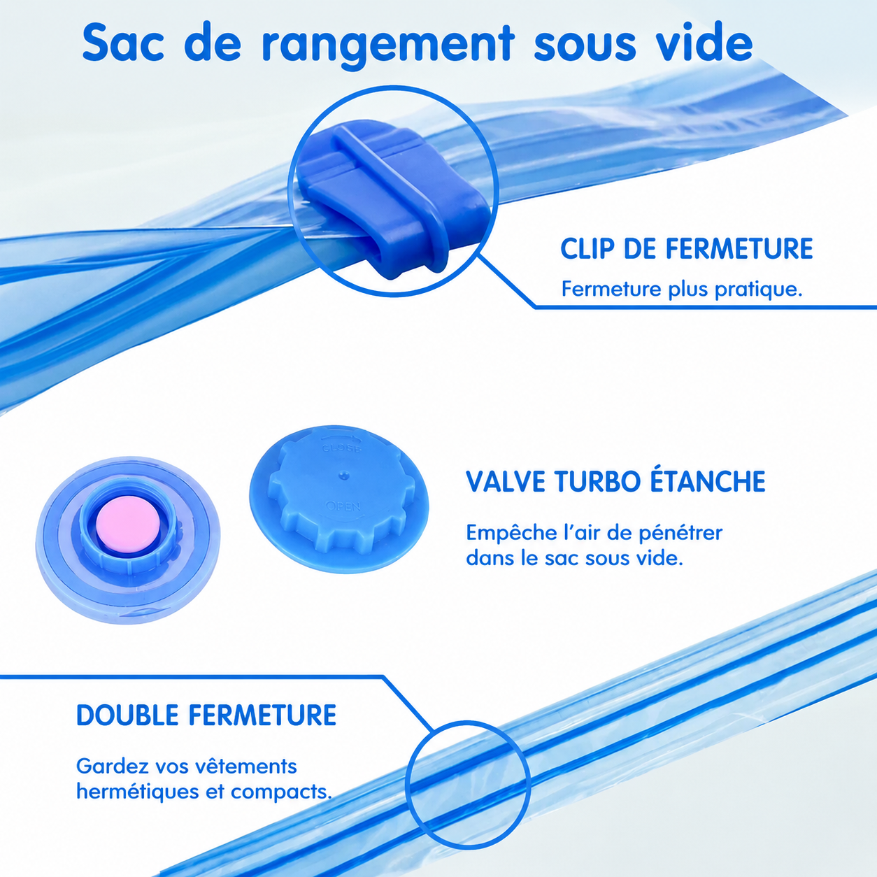 Sacs de compression sous vide – Lot 1 à 12 pièces avec ou sans pompe, 6 dimensions