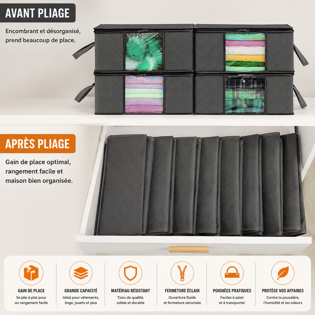 Bac de rangement vêtements pliable grande capacité – Lot 1, 3 ou 6 pièces, 35 à 90L
