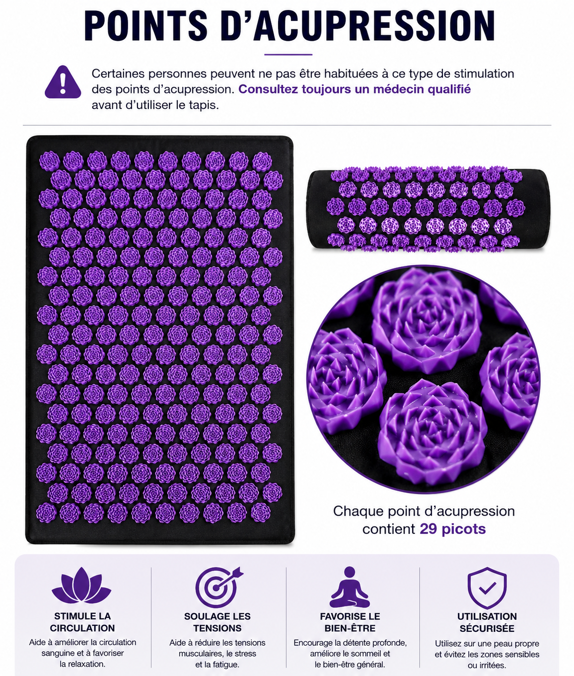 Tapis d'acupression yoga – Coussin avec picots et oreiller cervical, lot 3 pièces