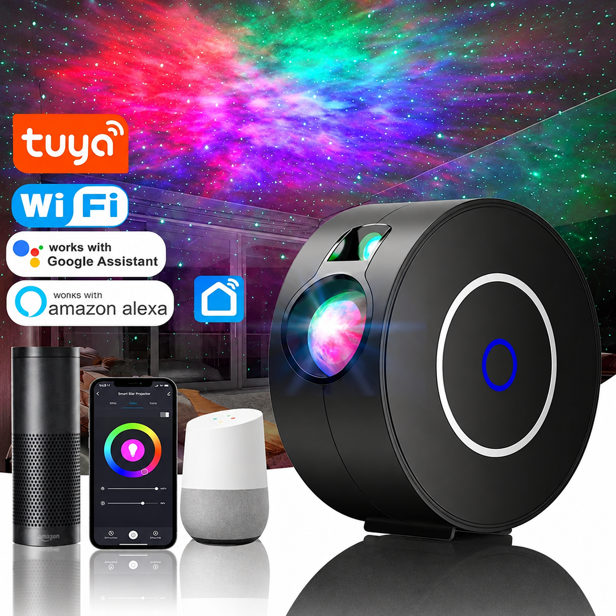 Projecteur Ciel Étoilé Connecté WiFi, Nébuleuse et Aurore, Compatible Alexa et Google
