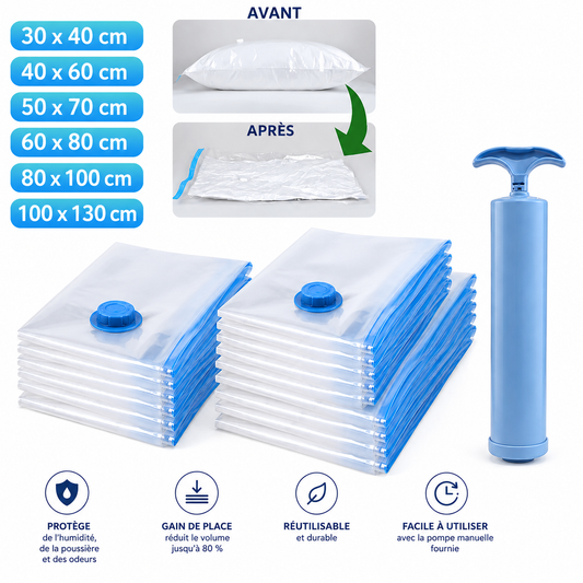 Sacs de compression sous vide – Lot 1 à 12 pièces avec ou sans pompe, 6 dimensions