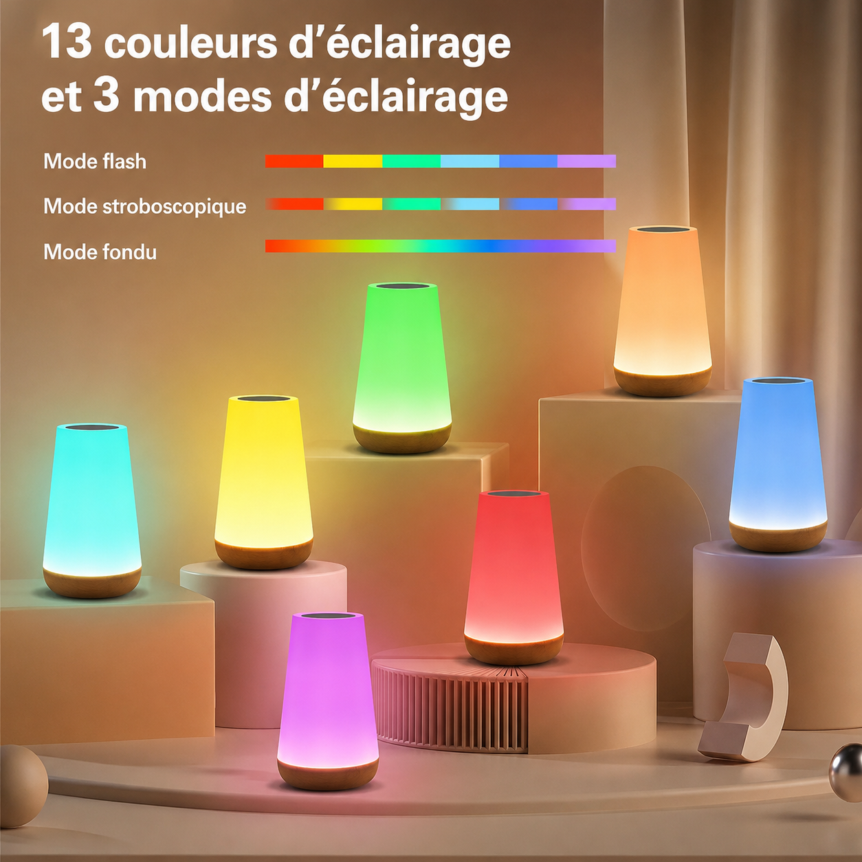 Lampe de chevet RGB – Veilleuse tactile rechargeable 13 couleurs avec télécommande