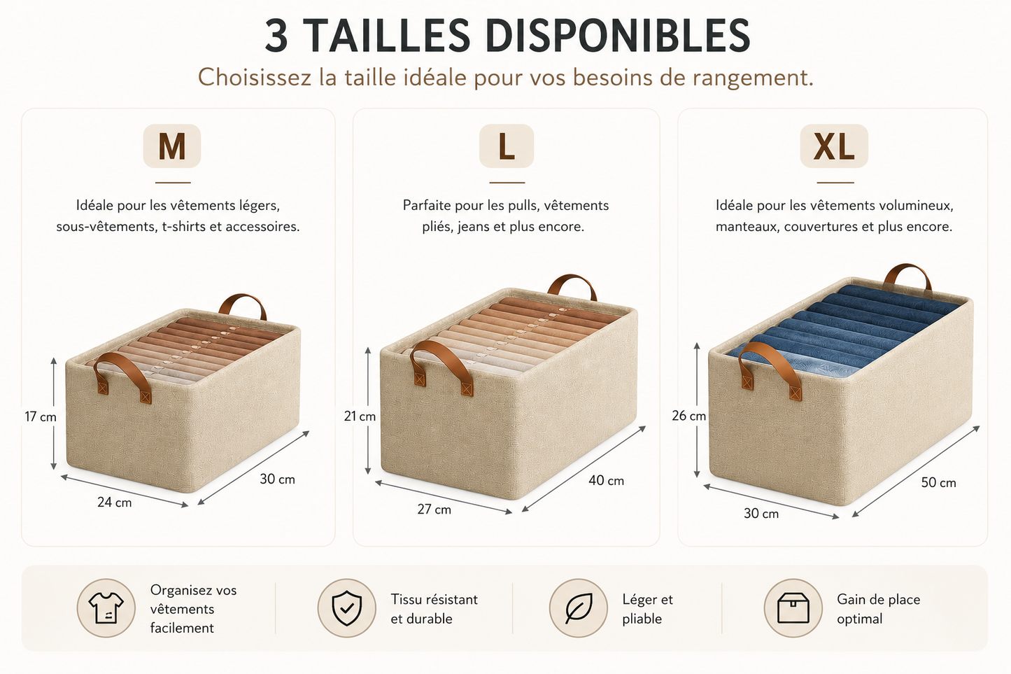 Boîte de rangement tissu pliable – Organiseur armoire vêtements et pantalons, 5 tailles