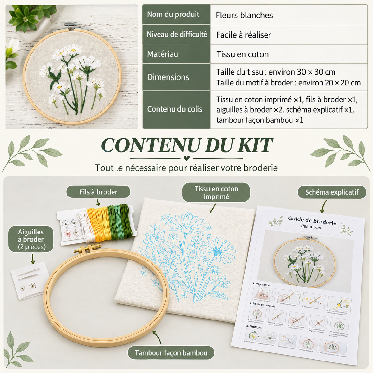 Kit Broderie Fleurs Blanches Débutant – Motifs Végétaux avec Cerceau 20×20 cm
