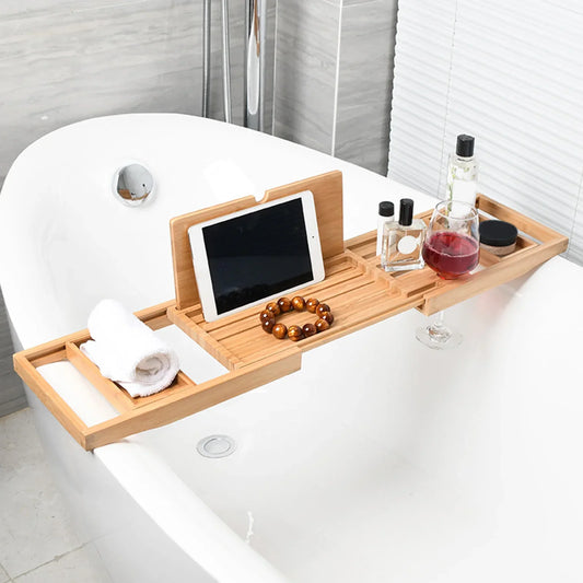 Extendable wooden bathtub tray