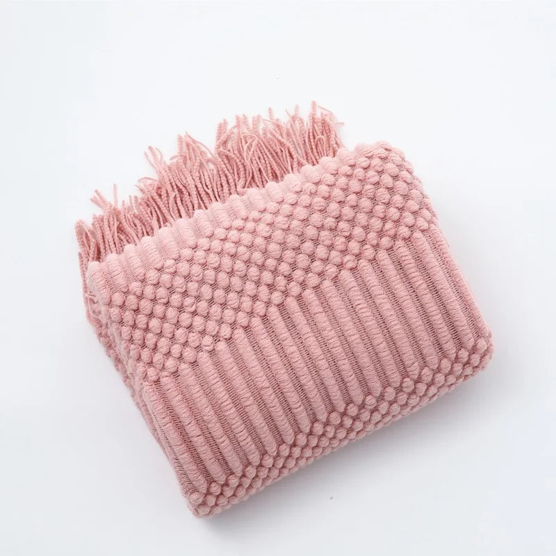 Plaid Tricot Épais Beige avec Glands - Couverture Canapé Vintage