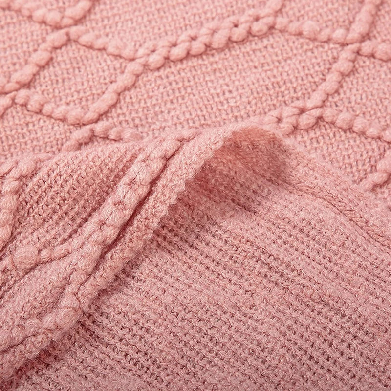 Plaid Tricot Épais Beige avec Glands - Couverture Canapé Vintage