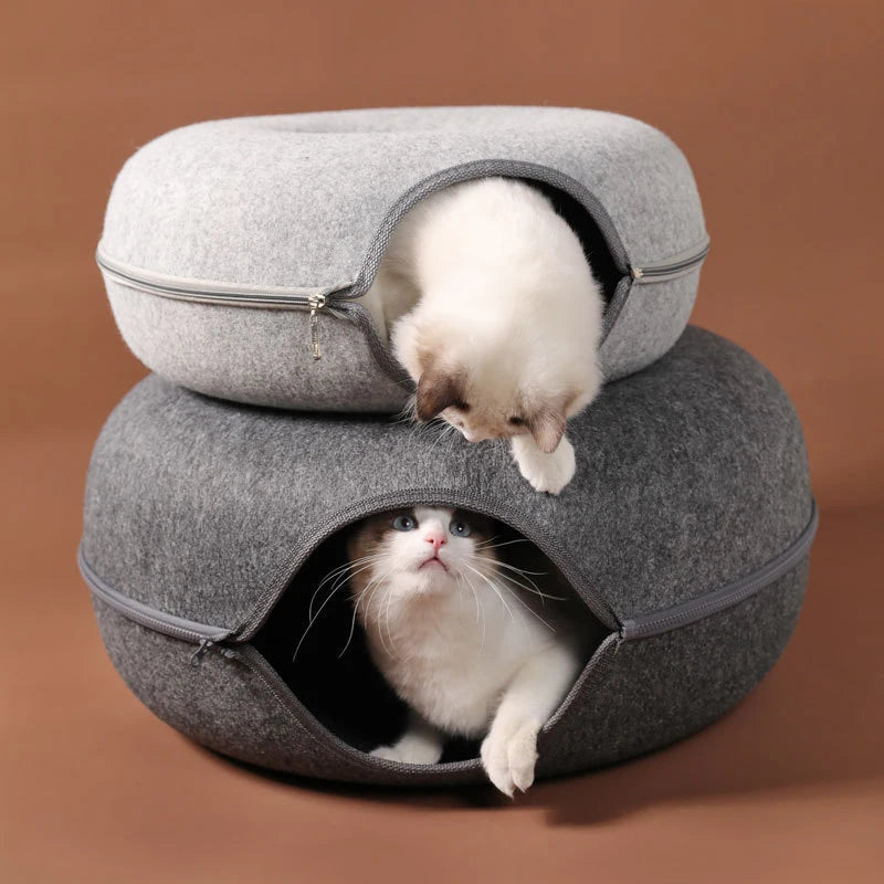 Tunnel donut en feutre pour chats – Jouet maison cosy et pliable