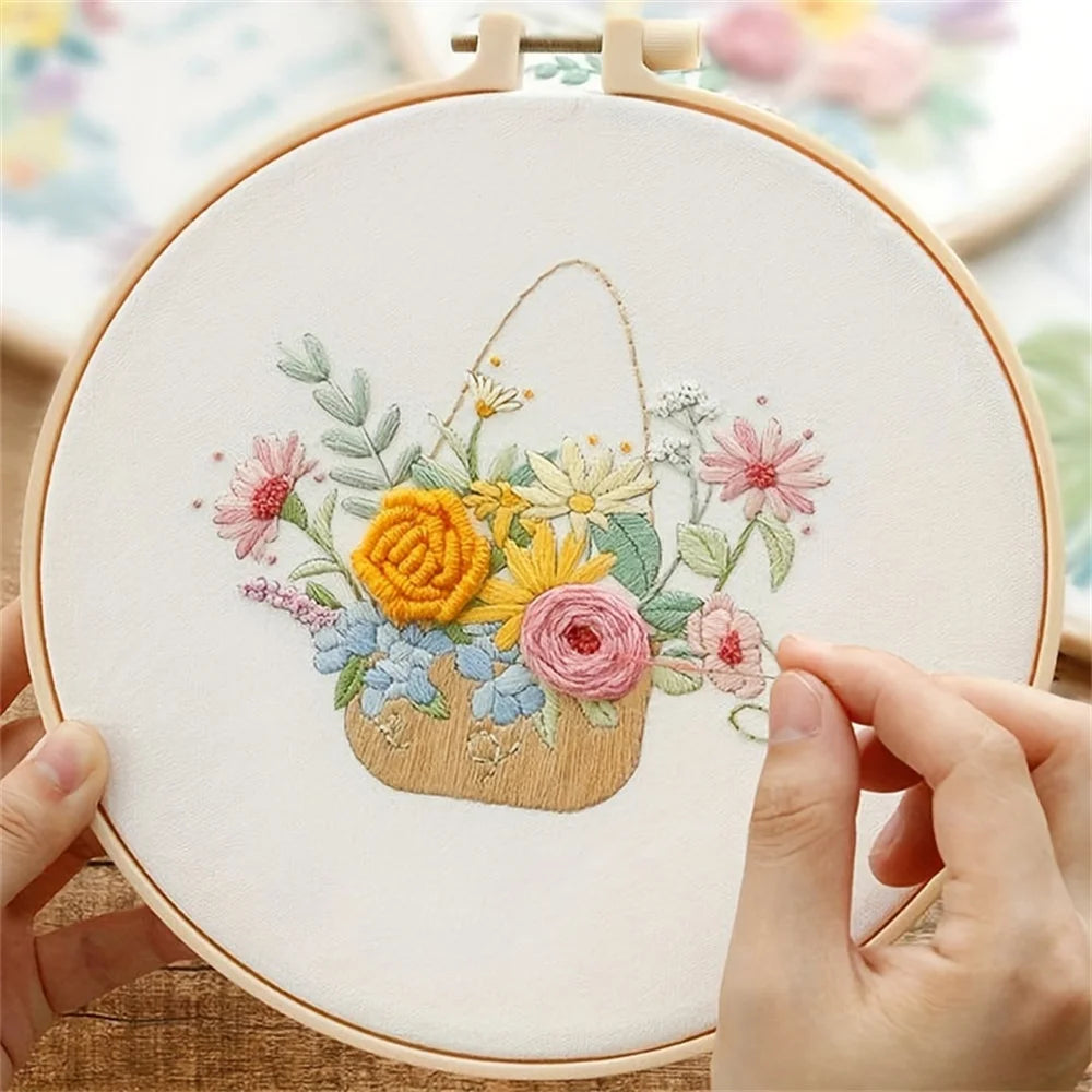 Kit Broderie Fleurs Débutant – Motifs Botaniques avec Cerceau 20×20 cm