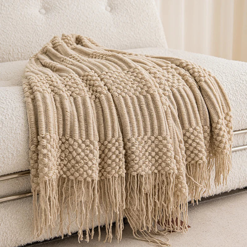 Plaid Tricot Épais Beige avec Glands - Couverture Canapé Vintage