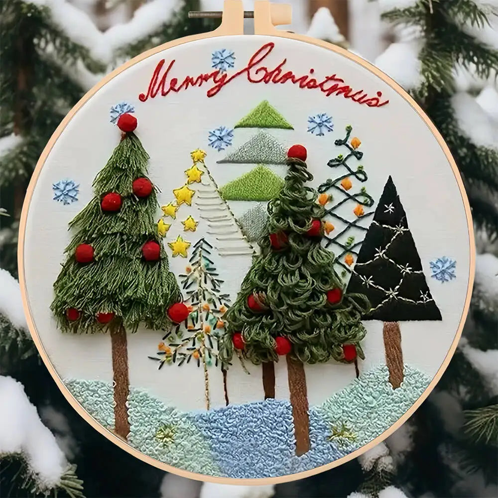 Kit Broderie Débutant – Motifs de Noël avec Cerceau 20×20 cm