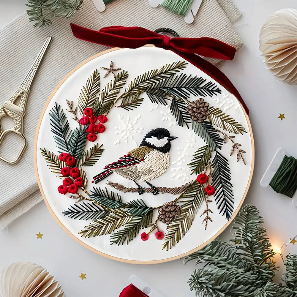 Kit Broderie Débutant – Motifs de Noël avec Cerceau 20×20 cm