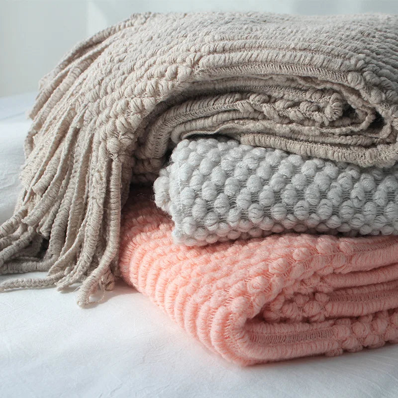 Plaid Tricot Épais Beige avec Glands - Couverture Canapé Vintage