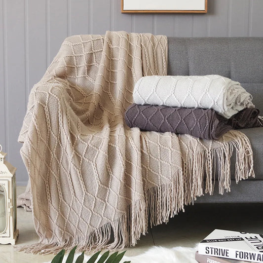 Nordic style knitted sofa throw with fringes