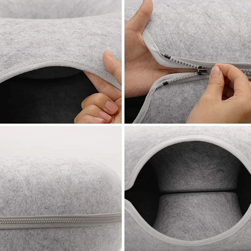 Tunnel donut en feutre pour chats – Jouet maison cosy et pliable