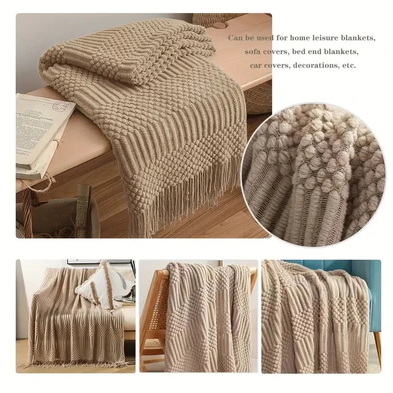 Plaid Tricot Épais Beige avec Glands - Couverture Canapé Vintage