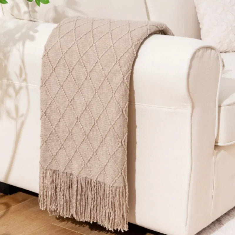 Plaid Tricot Épais Beige avec Glands - Couverture Canapé Vintage