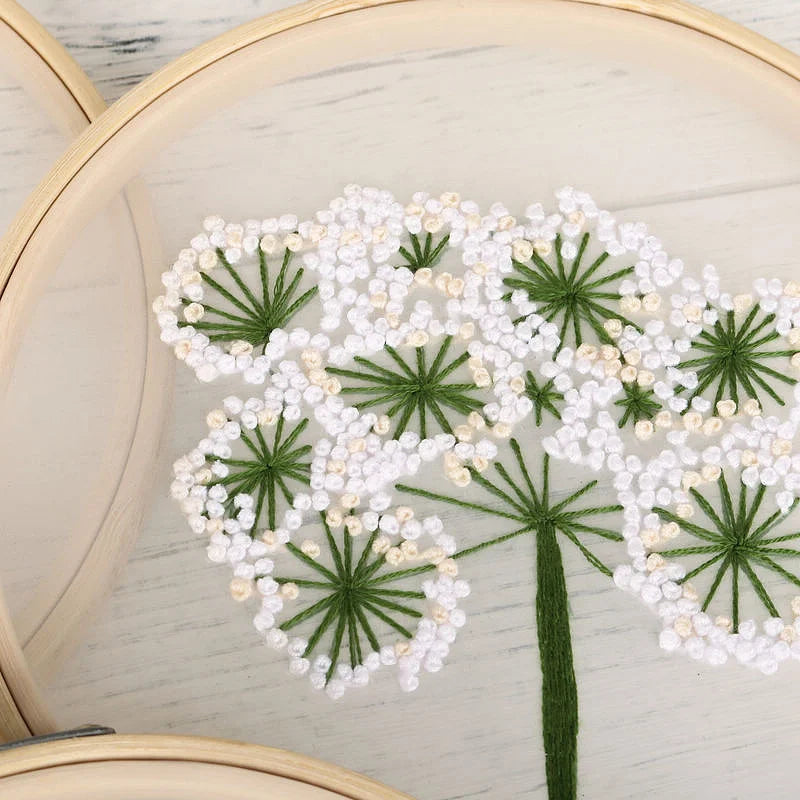Kit Broderie Fleurs Blanches Débutant – Motifs Végétaux avec Cerceau 20×20 cm