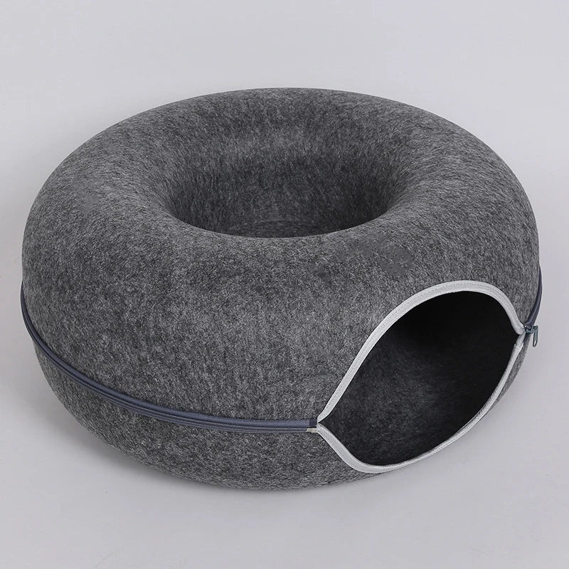 Tunnel donut en feutre pour chats – Jouet maison cosy et pliable