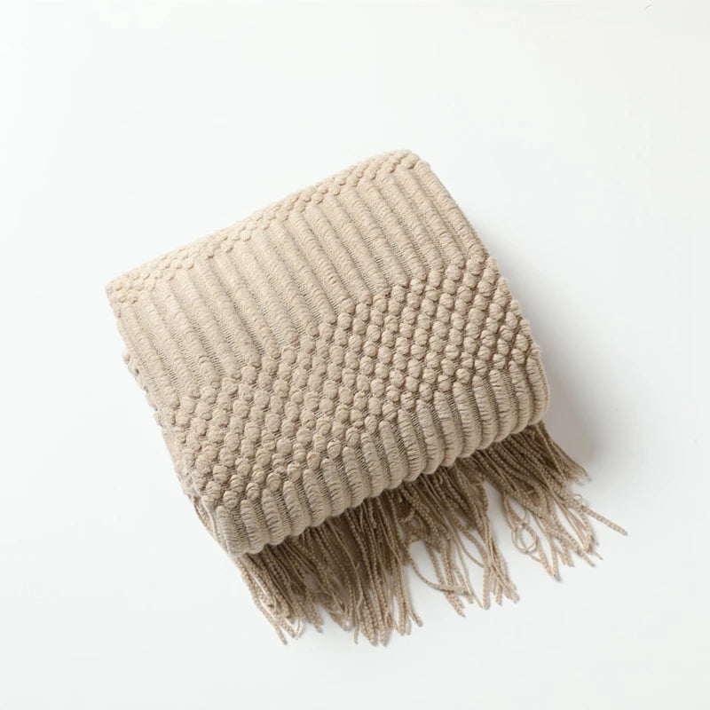 Plaid Tricot Épais Beige avec Glands - Couverture Canapé Vintage