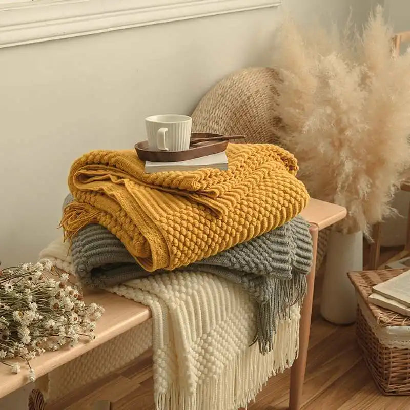 Plaid Tricot Épais Beige avec Glands - Couverture Canapé Vintage